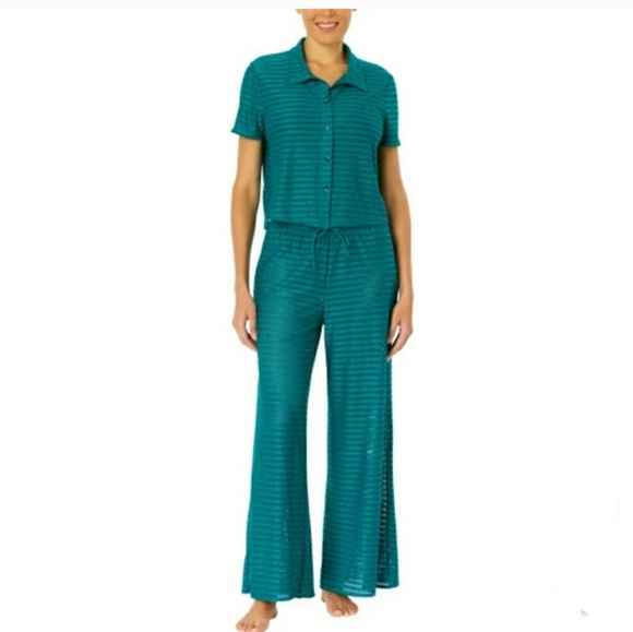Hurley Other - Hurley Women's S Wide Leg Mesh Swim Cover Up Pant + Button Up Top Set Green NWT